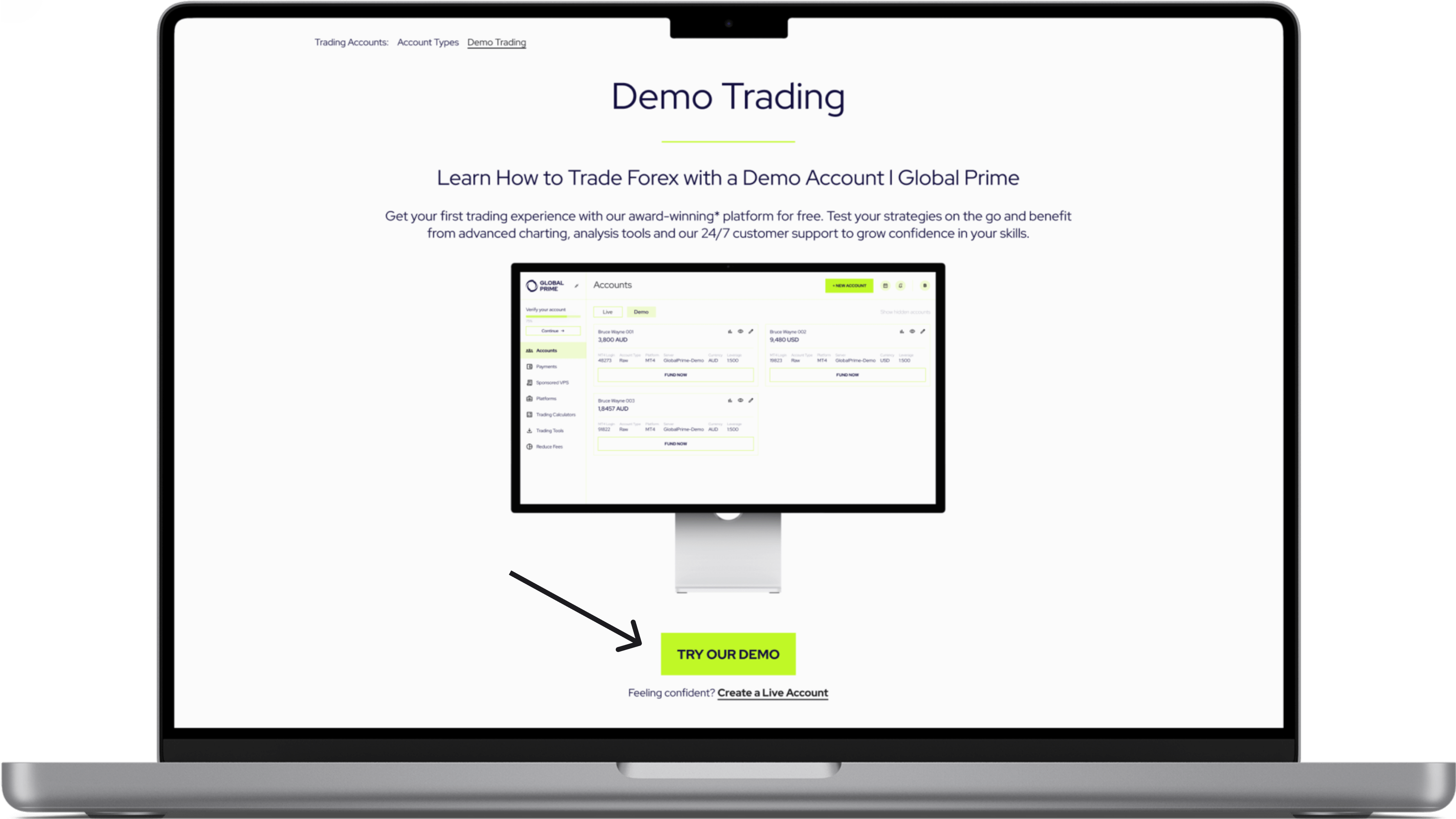 Step 1 shows a laptop screen presenting an image of Demo Trading webpage