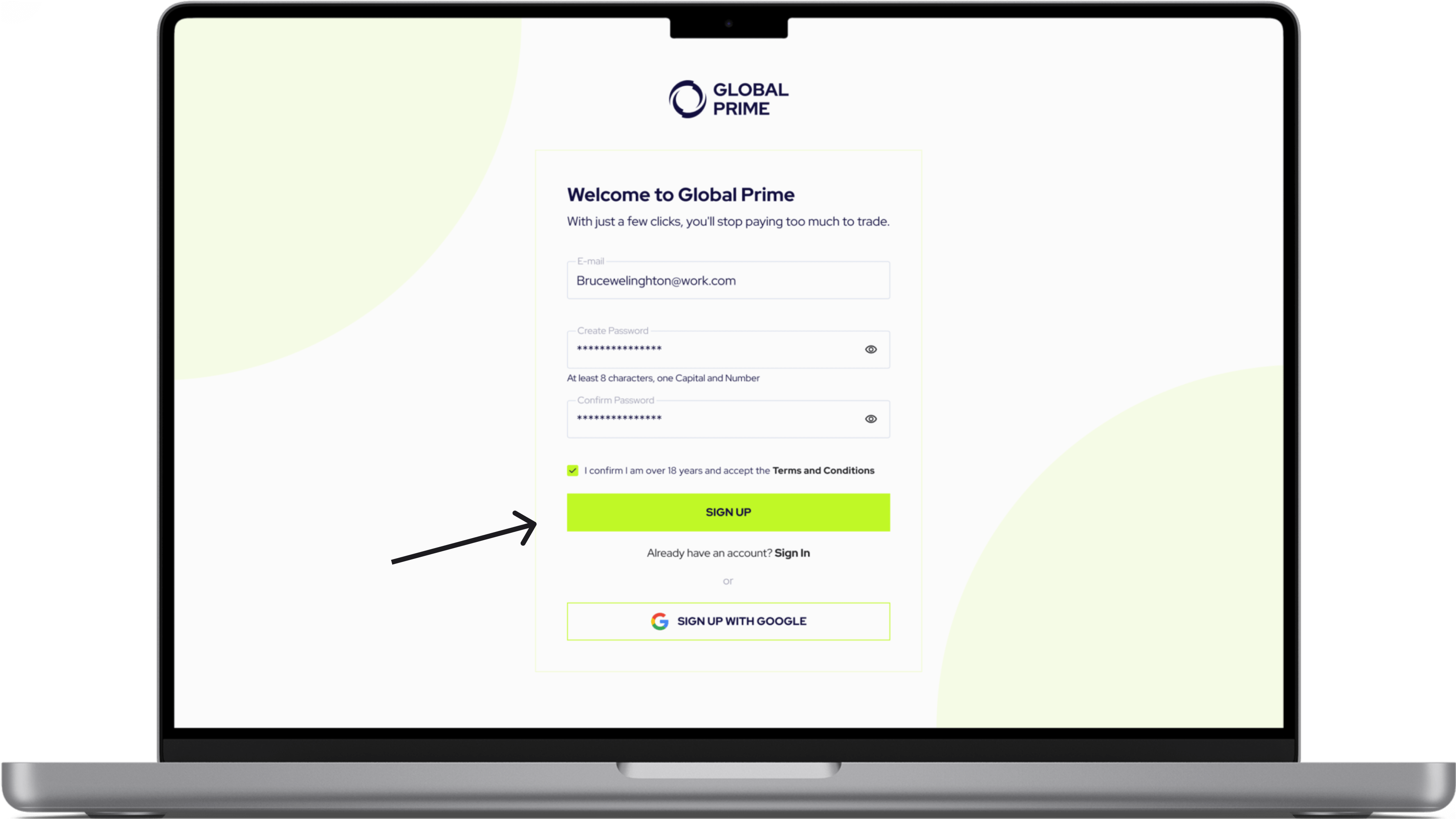 Step 2 shows a laptop screen presenting an image of the Sign Up webpage login form.