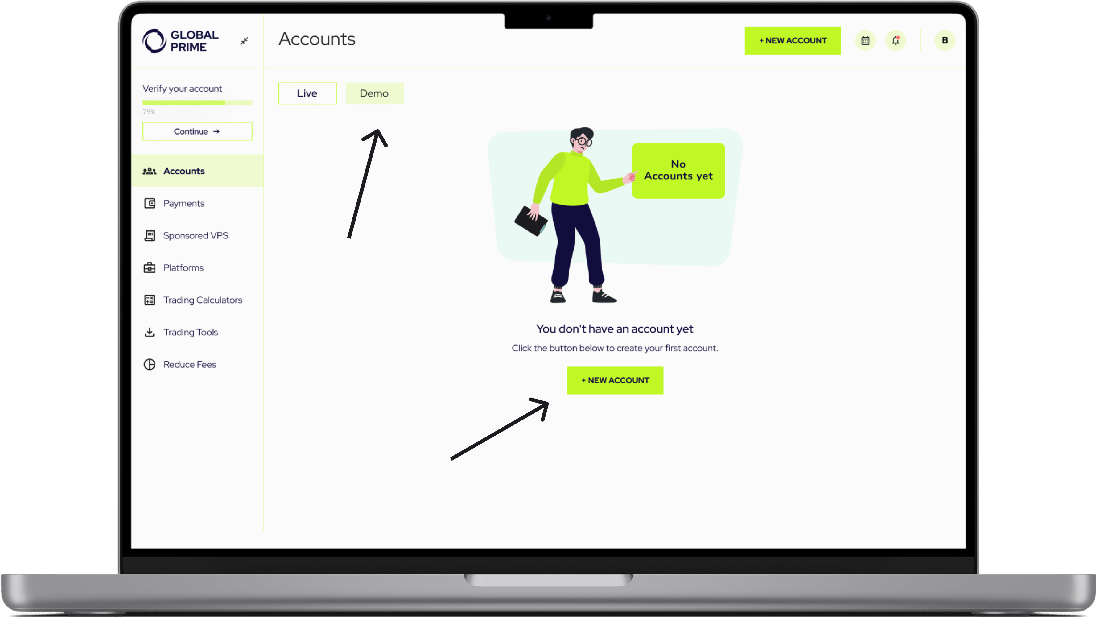 Step 3 shows a laptop screen presenting an image of Accounts webpage showing arrows pointing to demo section and create a new account button.