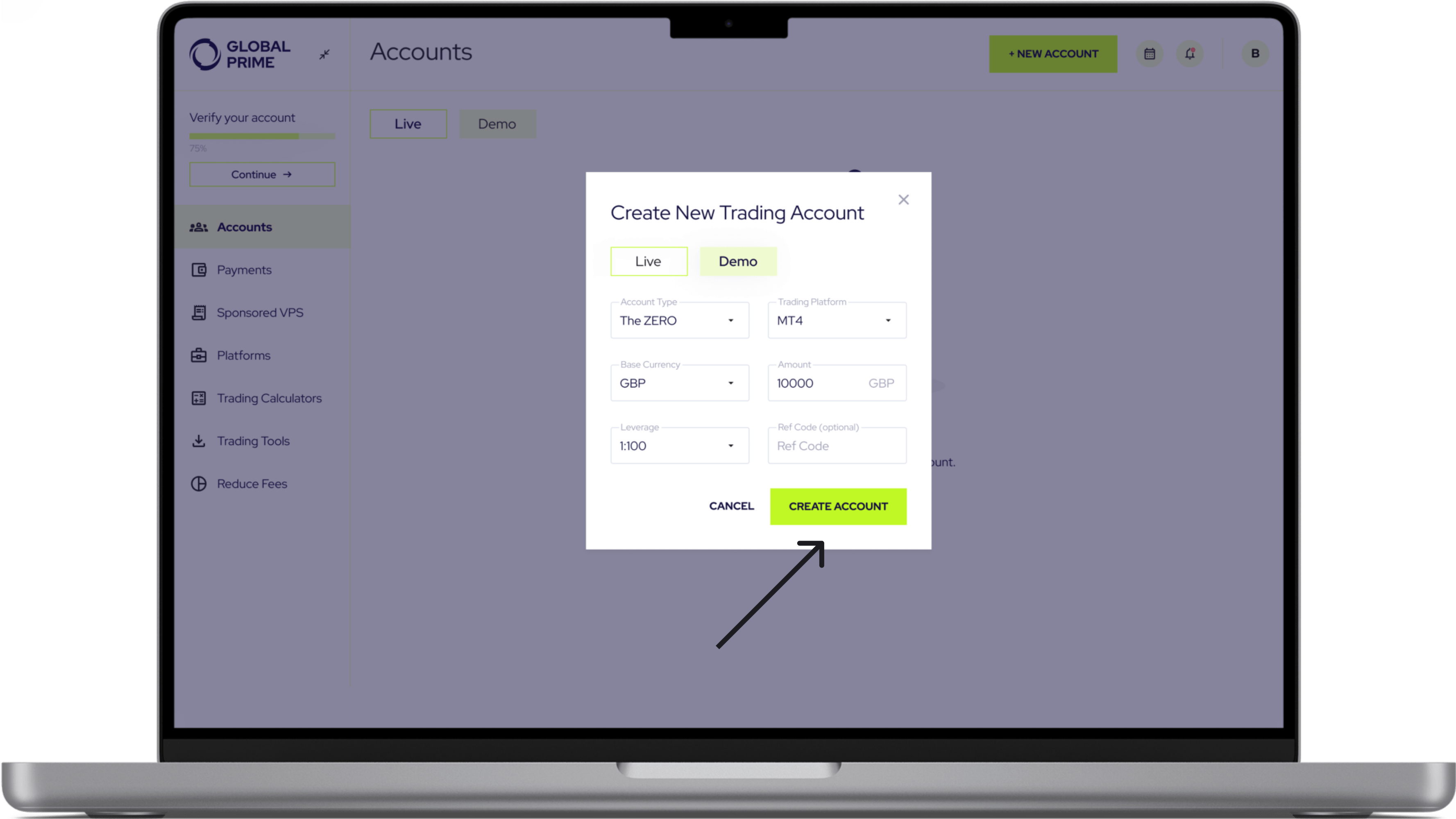 Step 4 shows a laptop screen presenting an image of Accounts webpage highlighting the Create New Trading Account form, with an arrow pointing to the Create Account button.