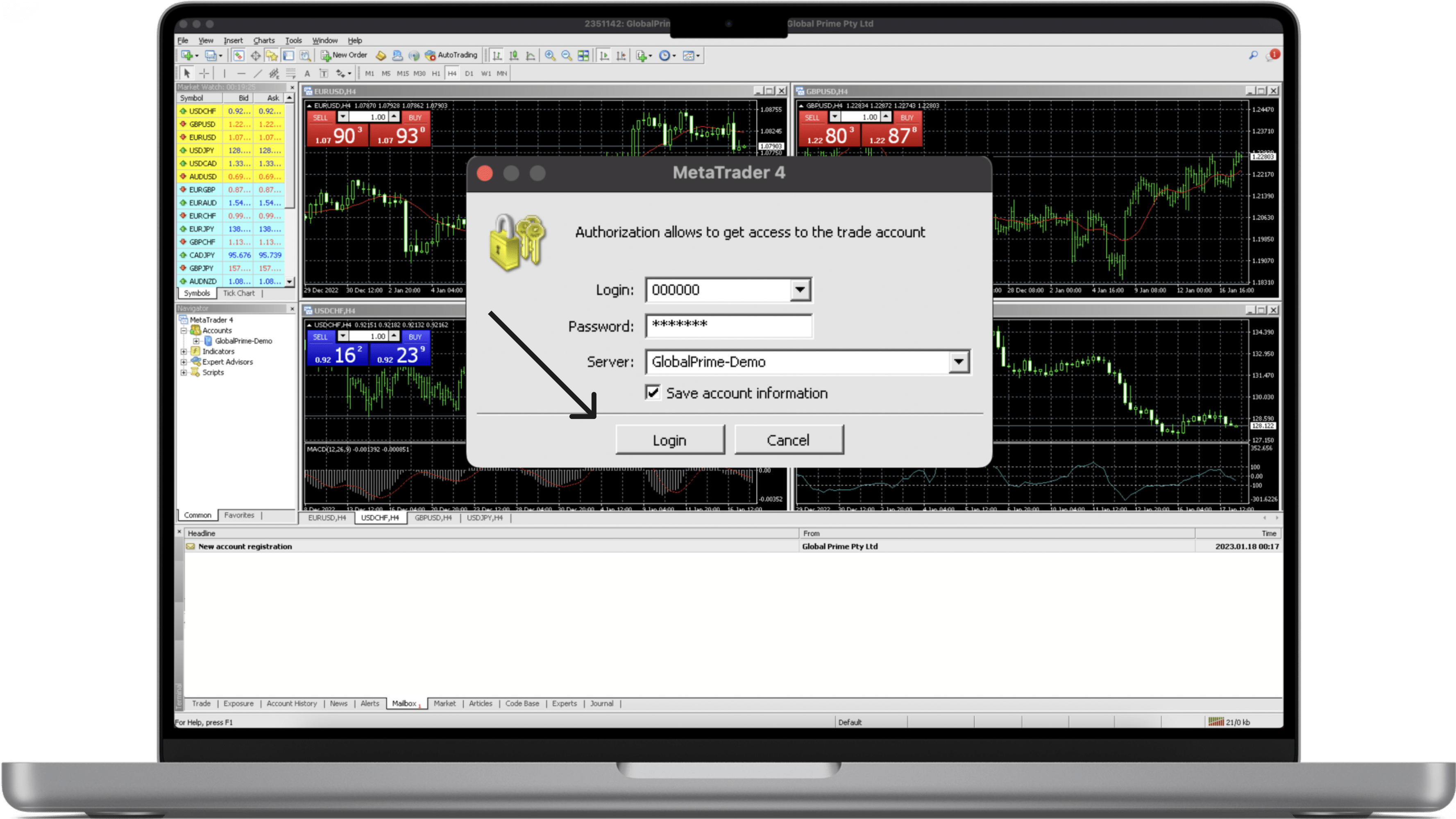 Step 6 shows a laptop screen presenting an image of the MetaTrader 4 application with an arrow pointing to the login button of the MetaTrader 4 authorization form