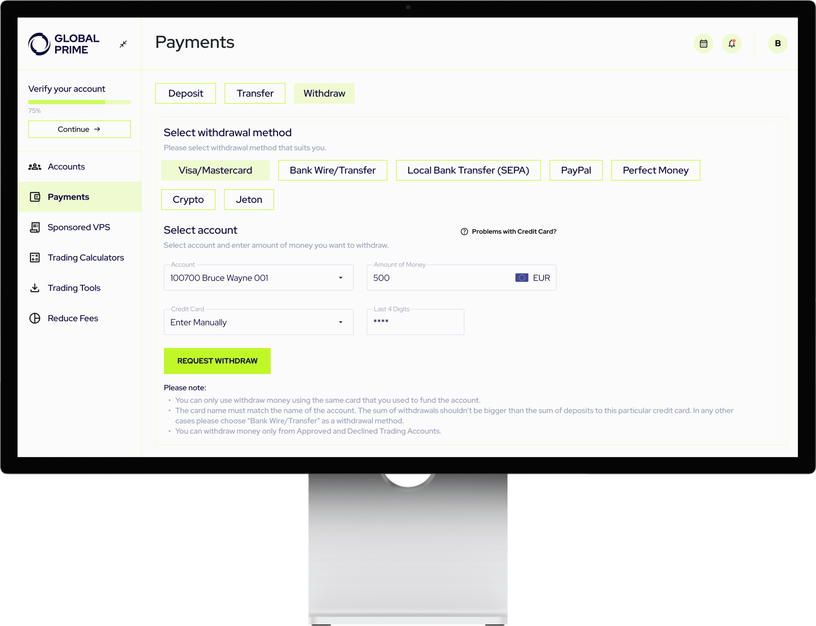 A desktop monitor showing a snippet of Global Prime's Payments withdrawal feature